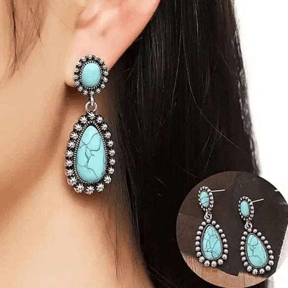 Silver Turquoise Western Tear Drop Pendant Necklace & Earring Set - Picture 3 of 7